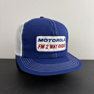 Vintage 80s Motorola FM 2 Way Radio Patch Trucker Hat Blue White Mesh Snapback